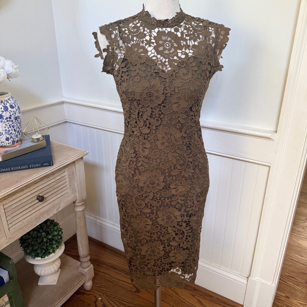 Paper‎ Dolls London Olive Green Floral Crochet Lace Mock Neck Midi Dress US 4